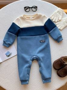 SHEIN Baby Jungen Farbblock Strick Kragen Langarm Jumpsuit, weich & bequem, vielseitig kombinierbar, geeignet für Herbst & Winter