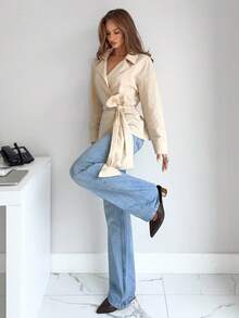 Siren Gaze Áo sơ mi nữ thắt eo bằng vải cotton, Bộ sưu tập mùa thu mới - Màu be - Xem 4