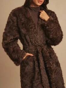 Silquee Women's Solid Color Long Sleeve Long Fluffy Brown Fur Jacket, Loose Fashion Design Clothing Thanksgiving Women's Fur Coat Autumn Women's Clothing Christmas Women's Clothing Homecoming Comfortable Soft Warm Suitable For Parties And Dates With Belt Tie - Brown - View 5