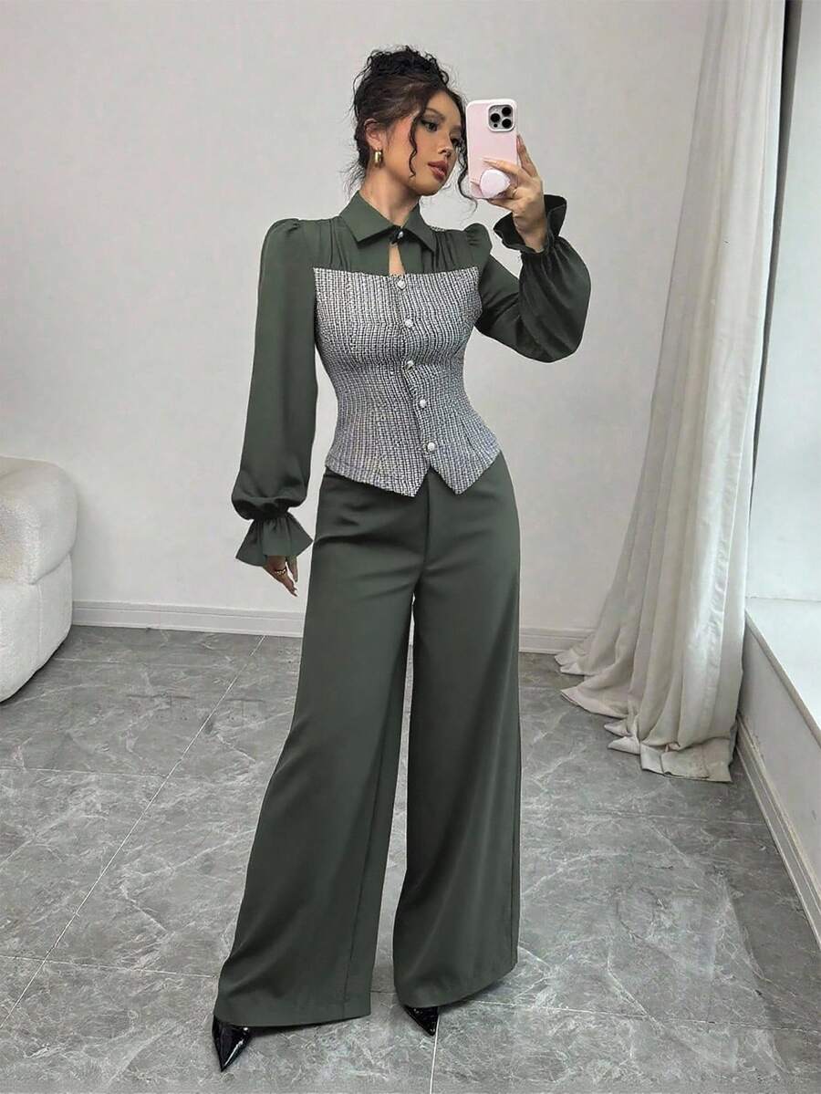 SHEIN Raffinéa 女士时尚优雅拼布衬衫和裤子两件套 - 軍綠色 - 查看 1