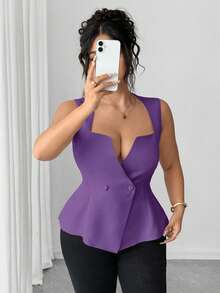 Elenzga Plus Size Women's Notched Deep V-Neck Button Elegant Fitted Blouse - Purple - View 1
