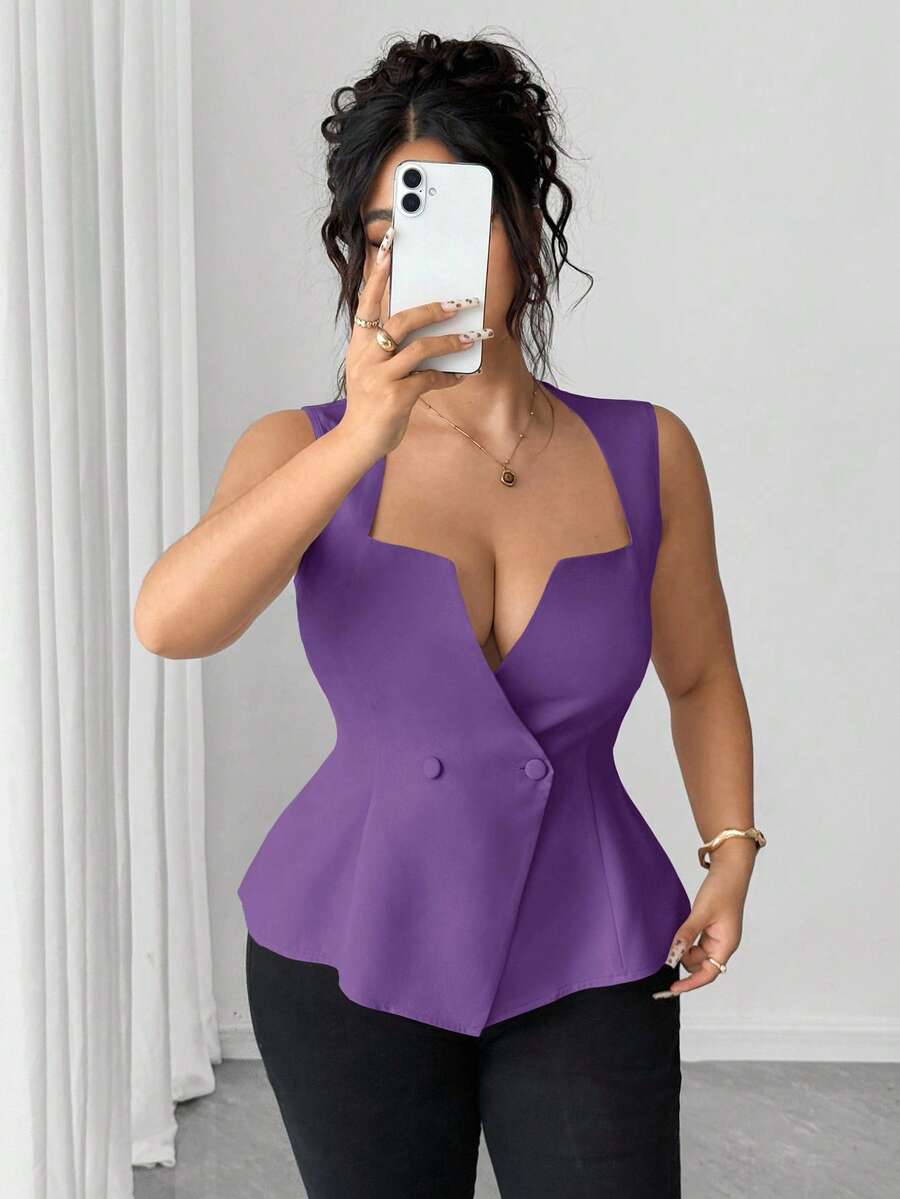 Elenzga Plus Size Women's Notched Deep V-Neck Button Elegant Fitted Blouse - Purple - View 1