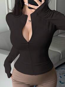 DAZY Áo khoác nữ cổ đứng, khóa kéo, dáng ôm, thường ngày - màu đen - Xem 3