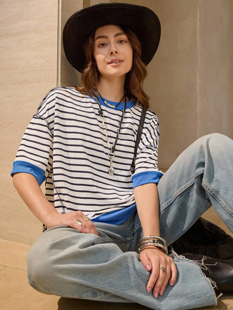 Wildy 休闲美式乡村风蓝色条纹宽松中袖卫衣，蓝白条纹上衣，女士半袖上衣，学院风条纹上衣，蓝白条纹上衣，女士西部牛仔风上衣，乡村教师风上衣，适合秋冬季外出穿着 - 藍色 - 查看 1