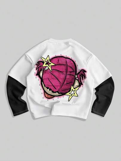 Street Life T-shirt à manches longues pour hommes avec imprimé patchwork de couleurs contrastées et motif de bande dessinée, automne