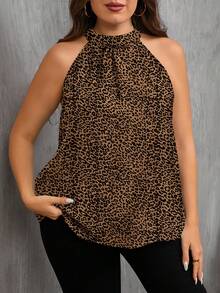 EMERY ROSE Camisa de mujer talla grande con estampado de leopardo vintage, casual, con hombros descubiertos, espalda descubierta y tirantes de espagueti - Multicolor - Ver 4