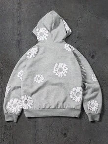 Manfinity EMRG Men's Letter Print Zip Up Hooded Casual Sweatshirt Grey Graphic Zip Up Hoodie , Fall, Long Sleeve Top - Grey - View 2