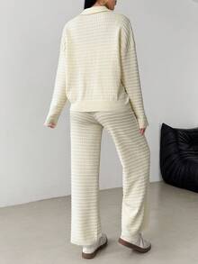 Modelyn 女士优雅时尚落肩长袖针织开衫和针织裤两件套 - 杏色 - 查看 6