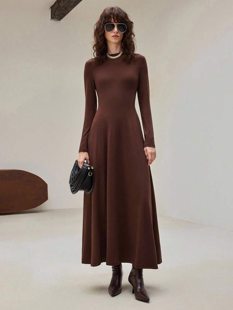 2025 Elegant Dark 's Long Dress,Autumn Everyday High-Stretch Fitted Waist Flared Apparel,Business Casual Wedding Guest Church Outfits