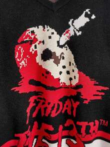Friday the 13th X ROMWE 万圣节字母面具图案超大毛衣，恐怖氛围 - 黑色 - 查看 4