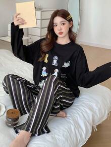 DAZY 狗狗印花宽松 T 恤上衣和条纹睡裤女士睡衣套装，秋季服装 - 黑色 - 查看 6
