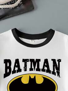BATMAN X SHEIN Young Boy Summer Casual Street Bat Logo And Letter Graphic Striped Short Sleeve T-Shirt - White - View 3