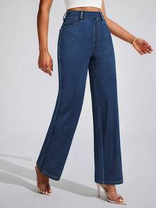 Flexra Women's Pocket Loose Wide Leg Casual Versatile Jeans - Dark Wash - View 6