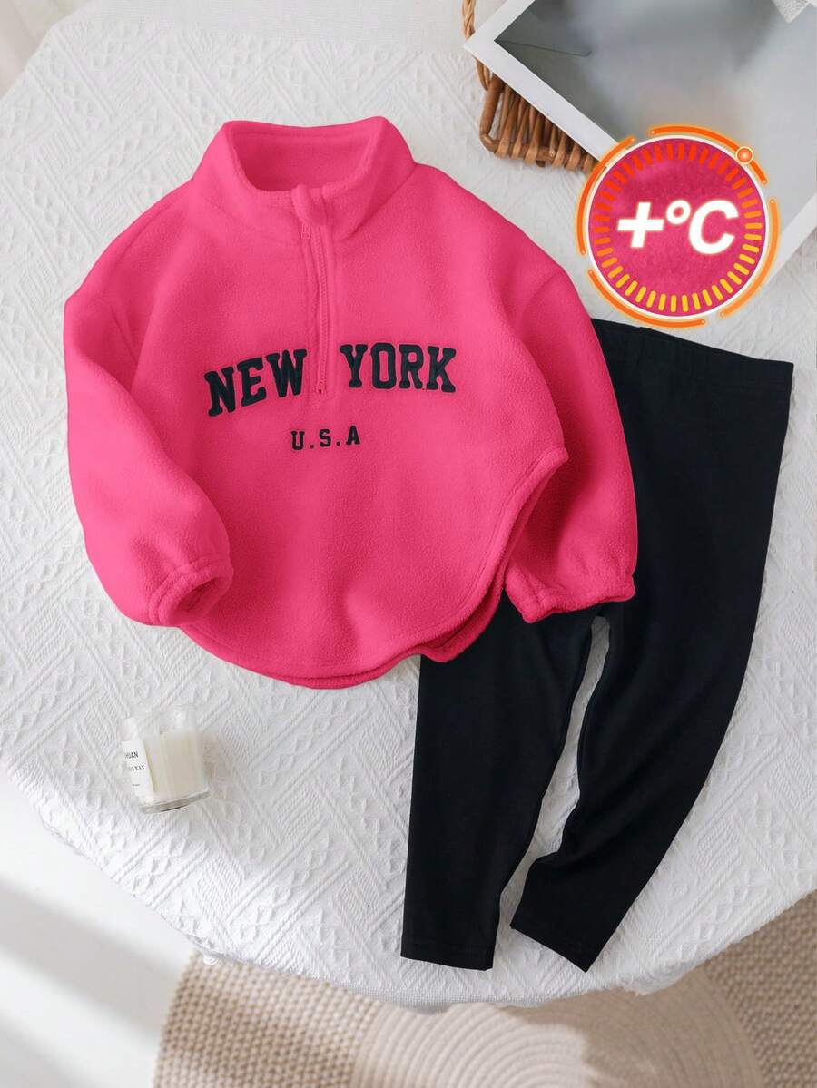 SHEIN Baby Girls' Cute Letter Print Thermal Lined Stand Collar Sweatshirt And Elastic Waist Pants Set, Autumn/Winter - Multicolor - View 1