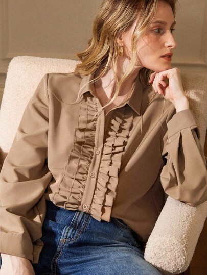 Écloséra Simple Casual Versatile Light Brown Lapel Long Sleeve Double Layer Ruffle Autumn Outing Dress Ladies Autumn Elegant Blouse