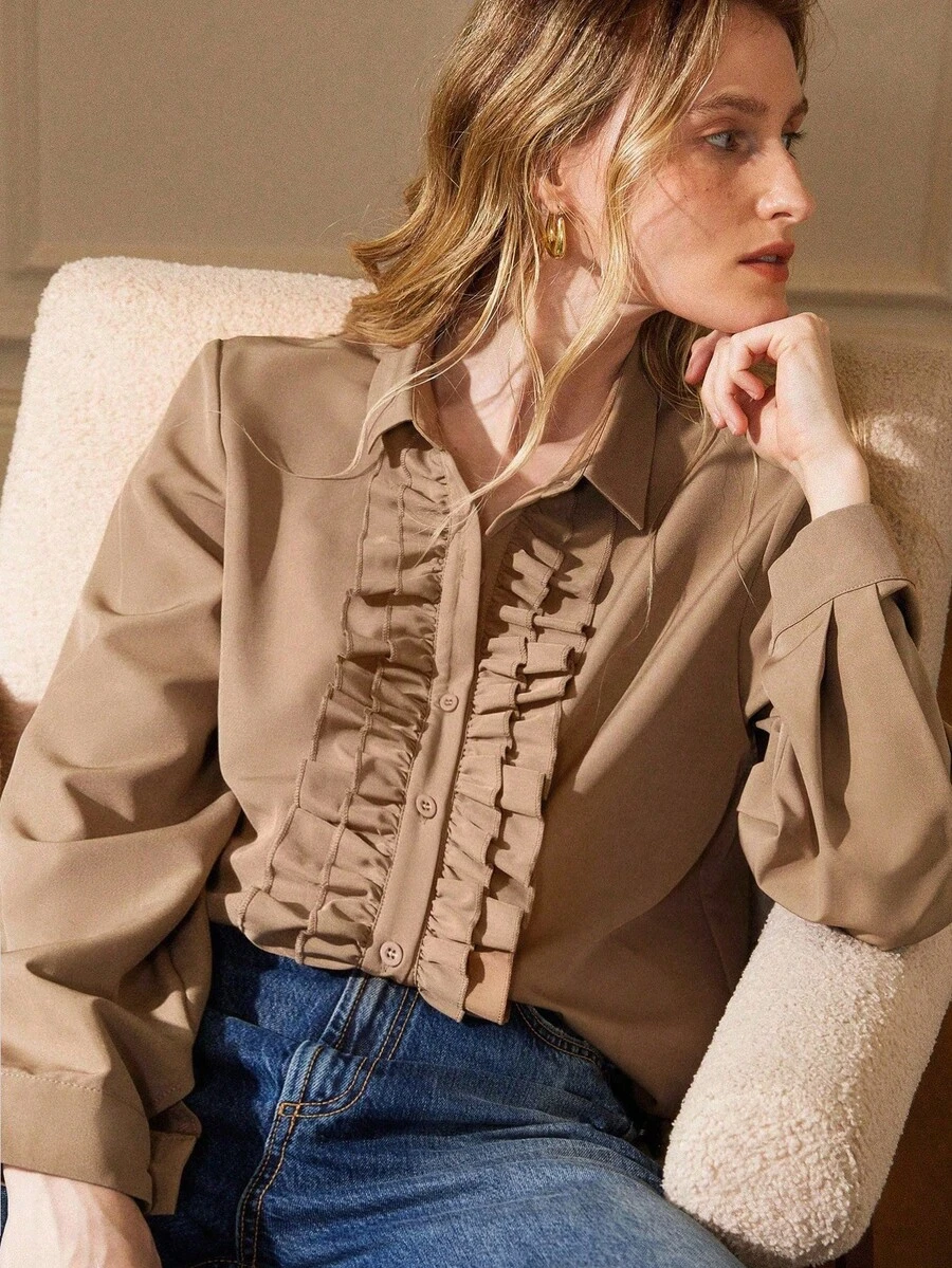 Écloséra 复古休闲纯色卡其色法式长袖双褶边下摆隐形门襟女式衬衫 - 卡其色 - 查看 1