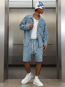 PAVTROS 男士格纹长袖夹克和抽绳腰短裤休闲牛仔套装，秋季 - 藍色 - 查看 7