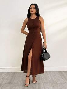 SHEIN PETITE Elegant Solid Color Front Button Sleeveless Dress, Summer,Thanksgiving Outfit For Women,Brown Skirt,Luxury Evening Dress For Women,Elegant Dresses For Ladies