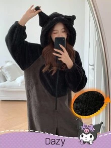 DAZY HELLO KITTY AND FRIENDS | SHEIN Flannelette Embroidery Cartoon Letter Pattern Contrast Raglan Sleeve Zip Up 3D Ears Hooded Romper Pajama - Black - View 2