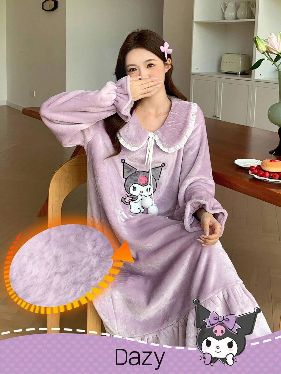 HELLO KITTY AND FRIENDS | SHEIN DAZY 女士可爱卡通刺绣彼得潘领宽松长款法兰绒蓬松睡衣连衣裙，冬季