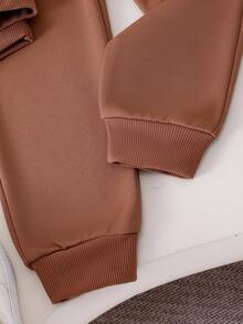 Elladie kids 2pcs/Set Girls Casual Solid Color Raglan Sleeve Sweatshirt And Pants Set, Knitted Crew Neck Outfit Fall Winter - Brown - View 5