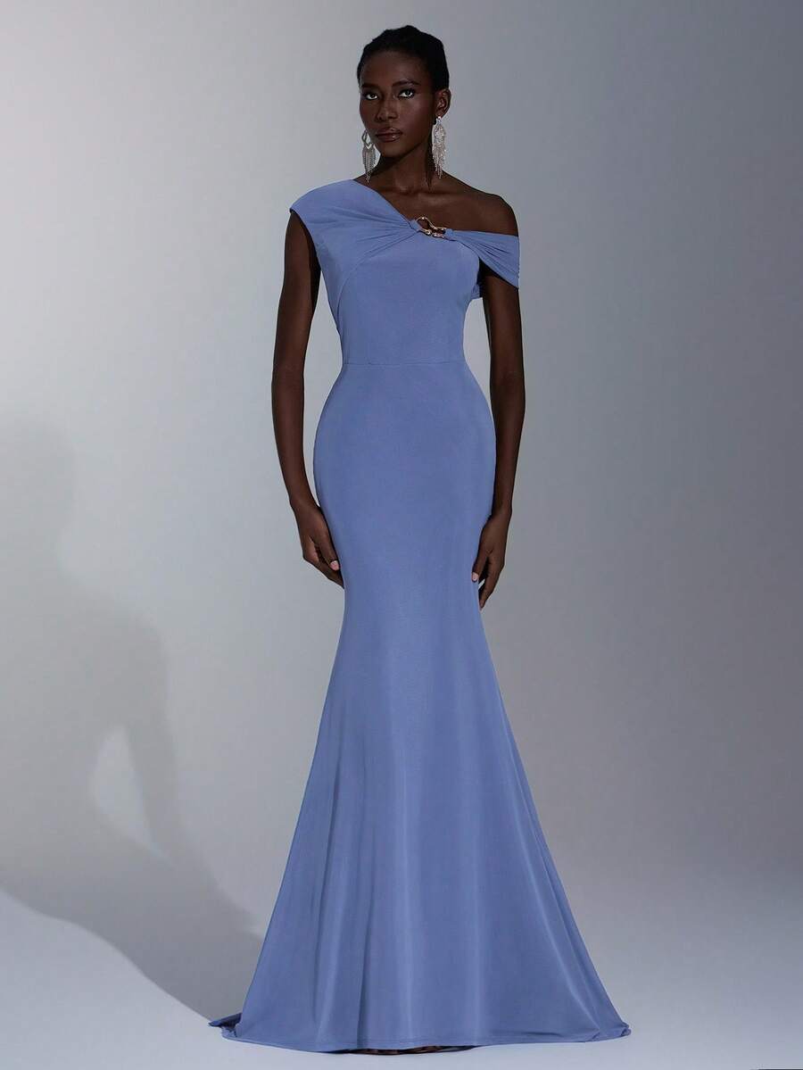 Elitara Elegant Cobalt Blue High Stretch Mesh Asymmetric Shoulder Metal Decor Fitted Mermaid Dress, Suitable For Dates, Outings, Weddings, Bridesmaid Events