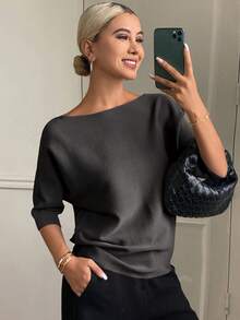 DAZY 女士纯色修身船领半袖休闲优雅针织上衣，秋冬款 - 深灰色 - 查看 4