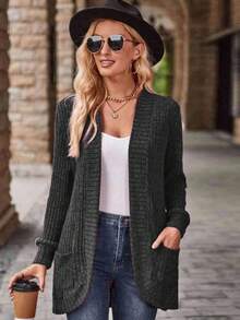 EMERY ROSE Women's Casual Ribbed Brushed Open Front Side Pocket Shorts Thin Jacket - Black - View 6