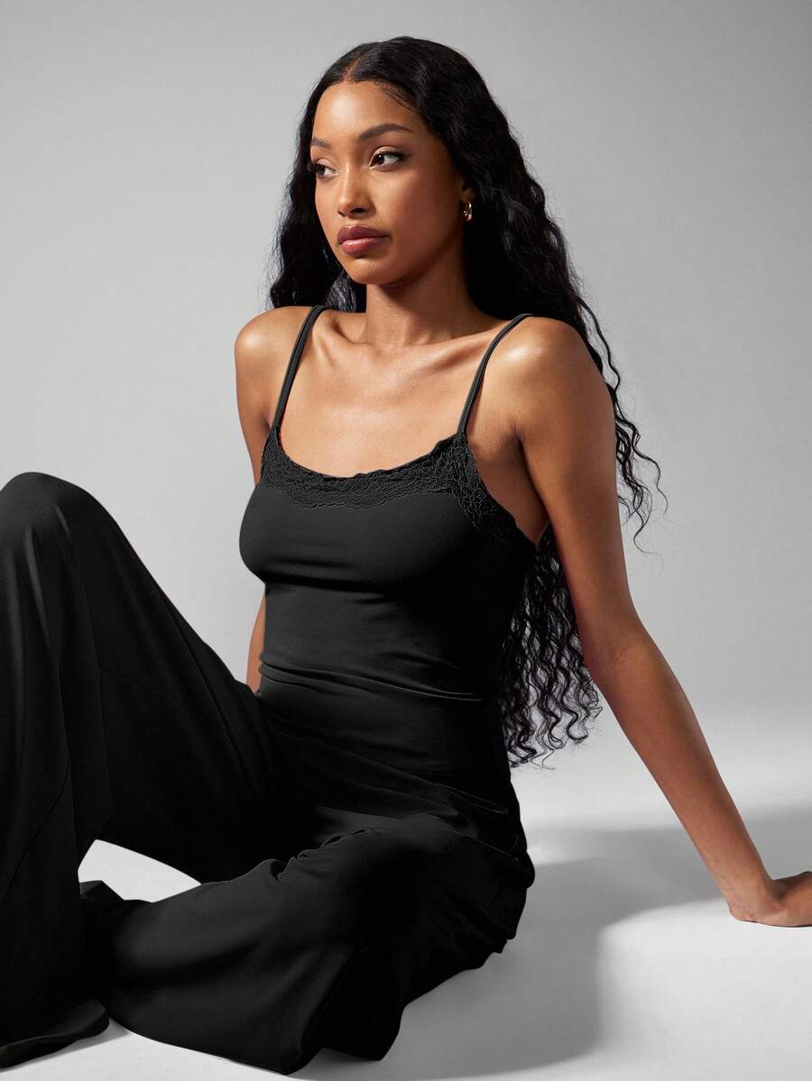 MISSGUIDED Elegant Lace Trim Sleepwear Cami Top Wide Leg Loungewear Pants Pajama Set Silky Satin Nightwear Lounging Outfit Sleeveless High Waist Pyjamas For Relaxation And Comfort - Black - View 1