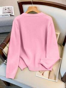 SHEIN LUNE 女式圆领单排扣休闲优雅大码长袖开衫 - 粉色 - 查看 2