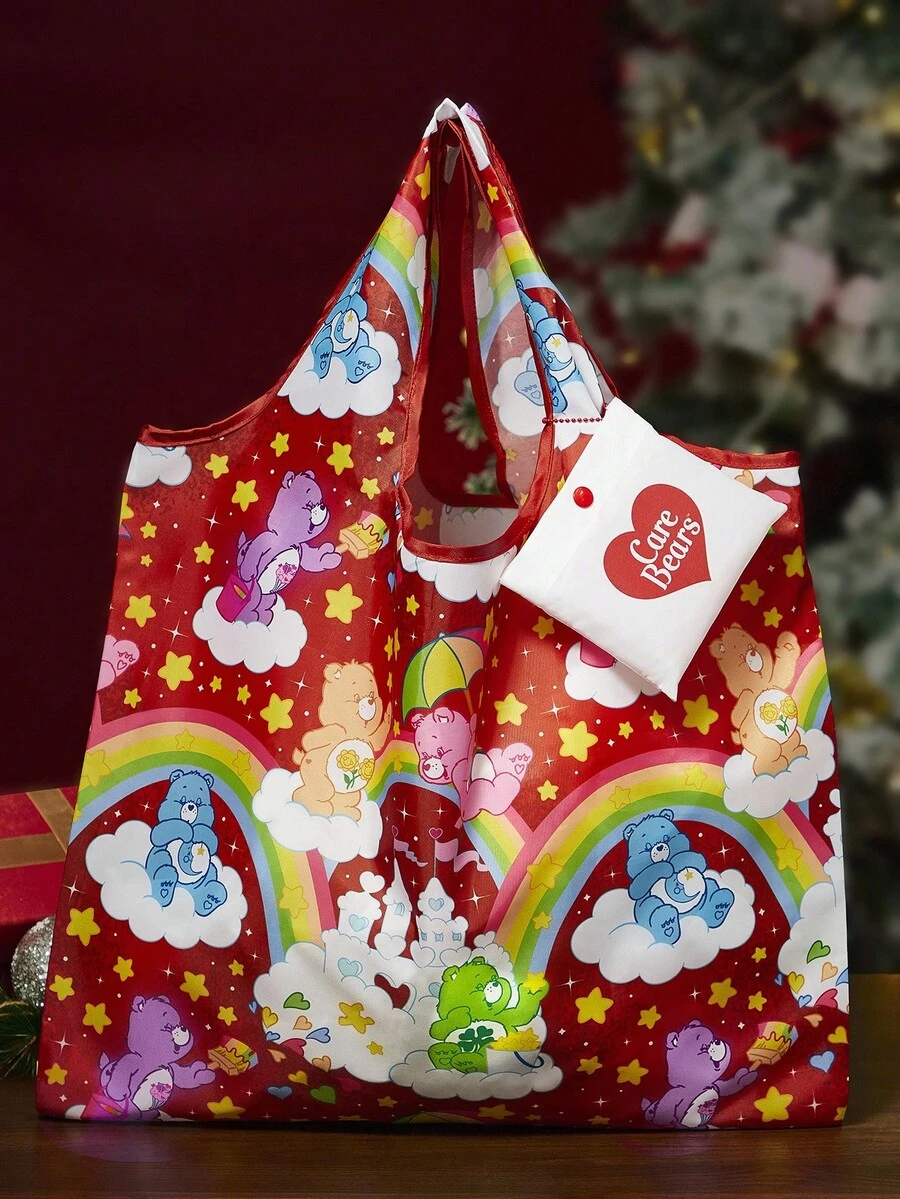 SHEIN X Care Bears 1 pieza Bolso de tela plegable de poliéster con estampado de personaje de dibujos animados lindo, bolso de mano con bolsita adjunta en cadena de cuentas, osos,
