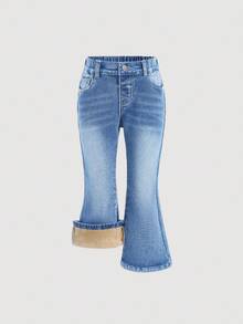 SHEIN 少女可爱蓝色牛仔保暖修身喇叭裤，厚实牛仔喇叭裤，秋冬季 - 中等水洗藍 - 查看 6