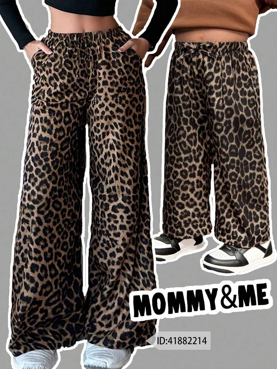 SHEIN Baby Girl Casual Chic Leopard Print Elastic Waist Pants Mom And Daughter Leopard Print Outfits Mommy And Daughter Matching Pants Mommy And Me Matching Outfits Mommy And Me Clothes Mommy And Me Leopard Print Pants - Khaki - View 1