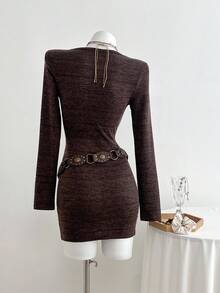 SHEIN Unity Đầm ngắn tay dài màu cà phê gợi cảm đính hạt trang trí hở lưng cho nữ - Cà phê - Xem 2