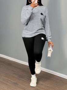 Slaydiva 2pcs Fall Casual Minimalist Horse Logo Print Loose Fit Crew Neck Sweatshirt And Black Leggings Set, All-Match Versatile Outfit For Autumn/Winter - Multicolor - View 4
