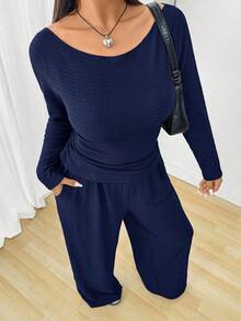 Solflare 藏青色加大码女装圆领长袖修身休闲上衣和直筒裤两件套阔腿裤套装舒适两件套2件休闲套装女 - 藏蓝色 - 查看 3