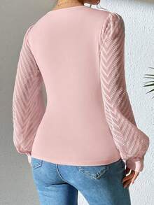 SHEIN LUNE 女款純色V領網紗拼接優雅長袖上衣 - 粉色 - 查看 2