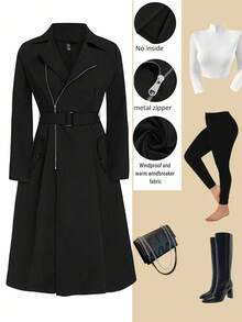 EMERY ROSE Women's Minimalist Elegant Metal Zipper Lace-Up Slim Fit Trench Coat Winter Fall Autumn - Black - View 1