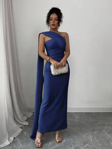 Elenzga Women's New Apricot European And American Fashion Elegant Party Lightweight Sexy Asymmetrical Shoulder Pleated Waist Bodycon Maxi Dress, Backless With High Slit, Shiny Jersey Stretchy, Elegant & Comfortable For Date, Party, Valentine's Day