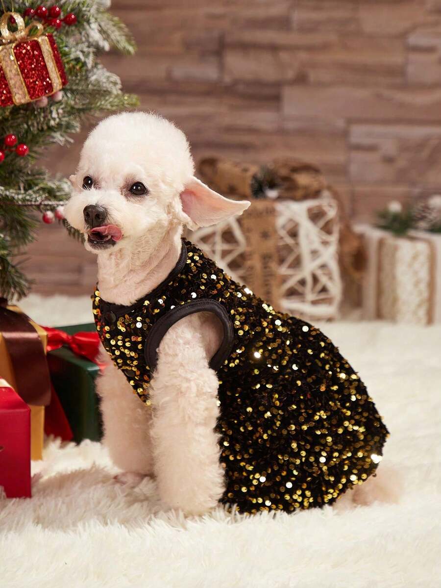PETSIN 圣诞节黑色和金色闪光公主裙、宠物狗和猫派对服装 - 黑色 - 查看 1