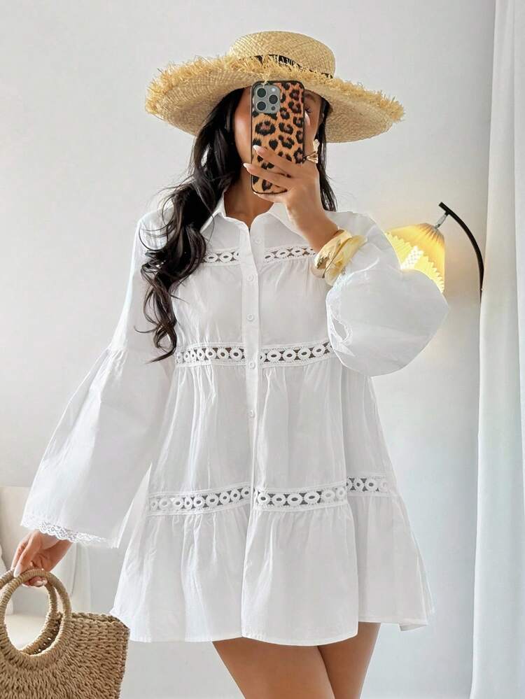 Women's Lace Patchwork Flare Sleeve Single-Breasted Loose Casual Shirt