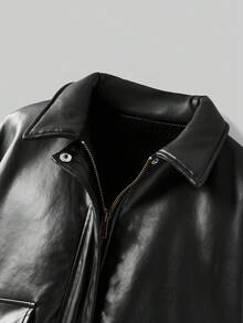 Maija Kids Maija Kids Jaket Kulit PU Berkerah Warna Polos untuk Remaja Perempuan, Cocok untuk Musim Gugur/Dingin - Hitam - View 5