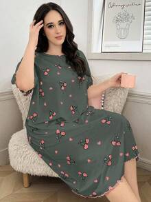 Plus Size Cherry Print Round Neck Short Sleeve Nightgown, Summer, Moo Moo Sleep Dress - Multicolor - View 5