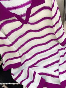GlowEve CURVE Plus Size Casual Commuter Striped Short Sleeve Knit Top - Hot Pink - View 3