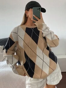Livesso Pulover de damă în carouri, lejer, casual, cu model geometric, blocuri de culori, potrivit pentru ținute de birou, toamnă/iarnă - Kaki - Vizualizare 5