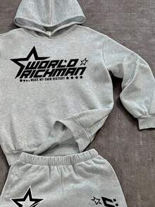 SHEIN Bolty 2pcs/Set Teen Boy Casual Pentagram & Text Graphic Print Hoodie Sweatshirt And Sweatpants Set, Suitable For Autumn/Winter Fall - Grey - View 6