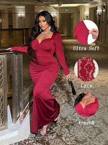 NU&NOW Christmas Plus Size Women Solid Color Sexy Elegant Lace Patchwork Ruffle Waist Long Sleeve Maxi Bodycon Dress, Evening Gown Fall Cloth For Women - Red - View 1