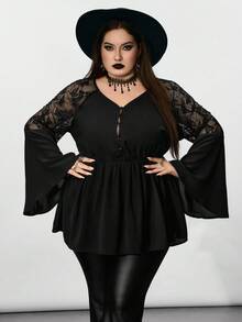 SHEIN CURVE+ Plus-Size Women's Black Long-Sleeved Lace-Spliced Solid-Color Top, Black Shirt/Autumn /Winter Halloween - Black - View 5