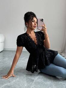 Elenzga Áo cánh ren bó sát cổ chữ V tương phản thời trang xuân/hè cho nữ - màu đen - Xem 3