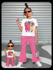 SHEIN Girls Kids Summer New Pencil Print Simple Round Neck Short Sleeve T-Shirt + Cute Flared Pants Casual Sports Suit, Back To School Versatile Outfit - Multicolor - View 4